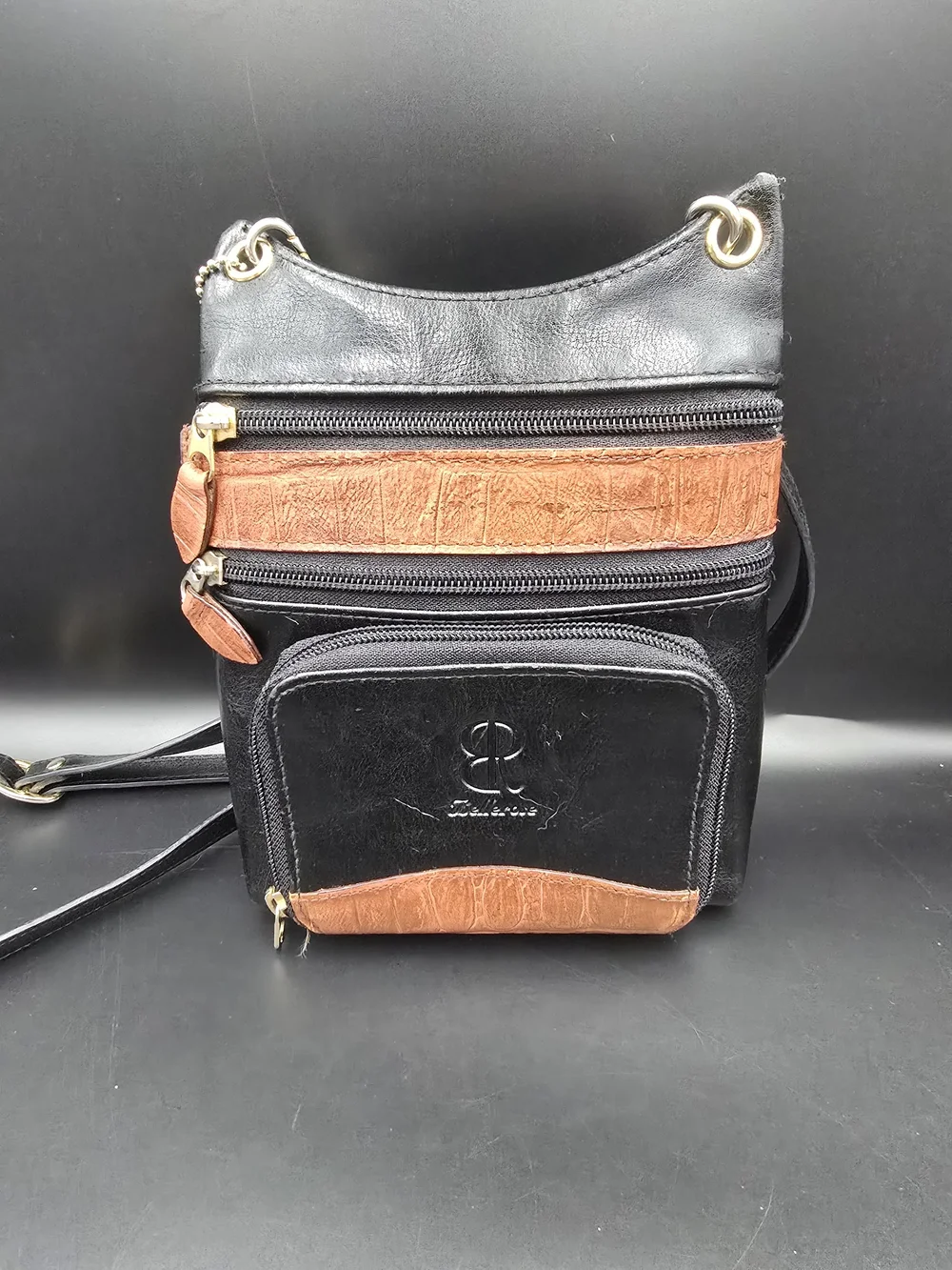 Two-Tone Black & Brown Crossbody Organizer with Gold Hardware